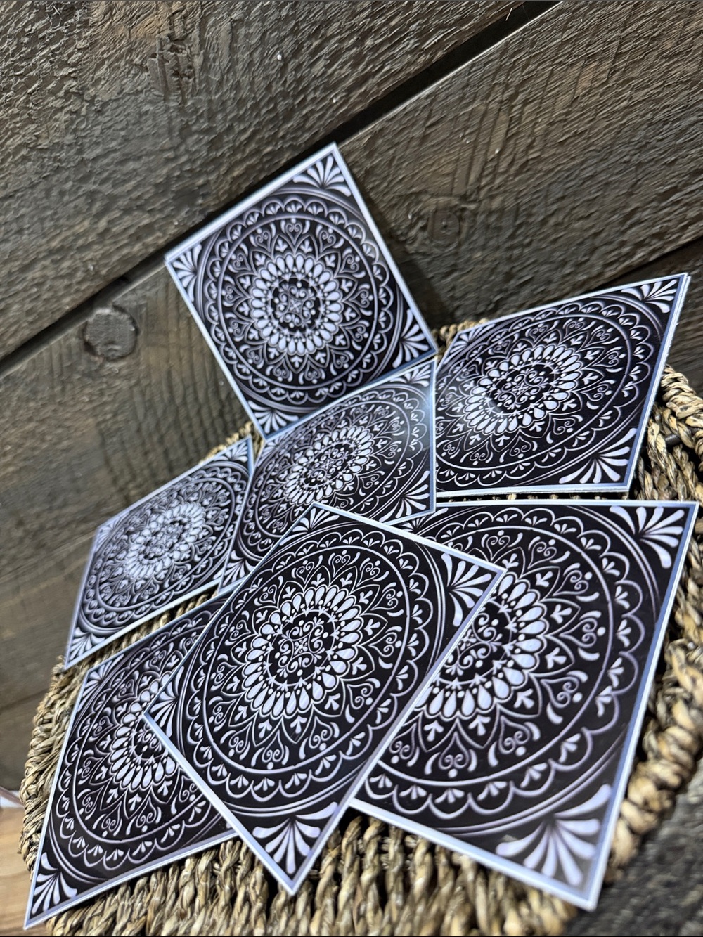 Set of 15 Black & White Mandala Decorative Tiles Peel & Stick Art Decals 4" x 4"